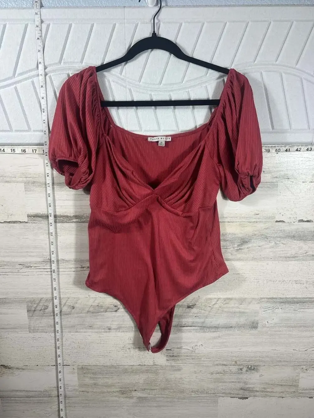 Haute Monde Red Rib-Knit Puff Sleeve Ruched Bust Bodysuit XL